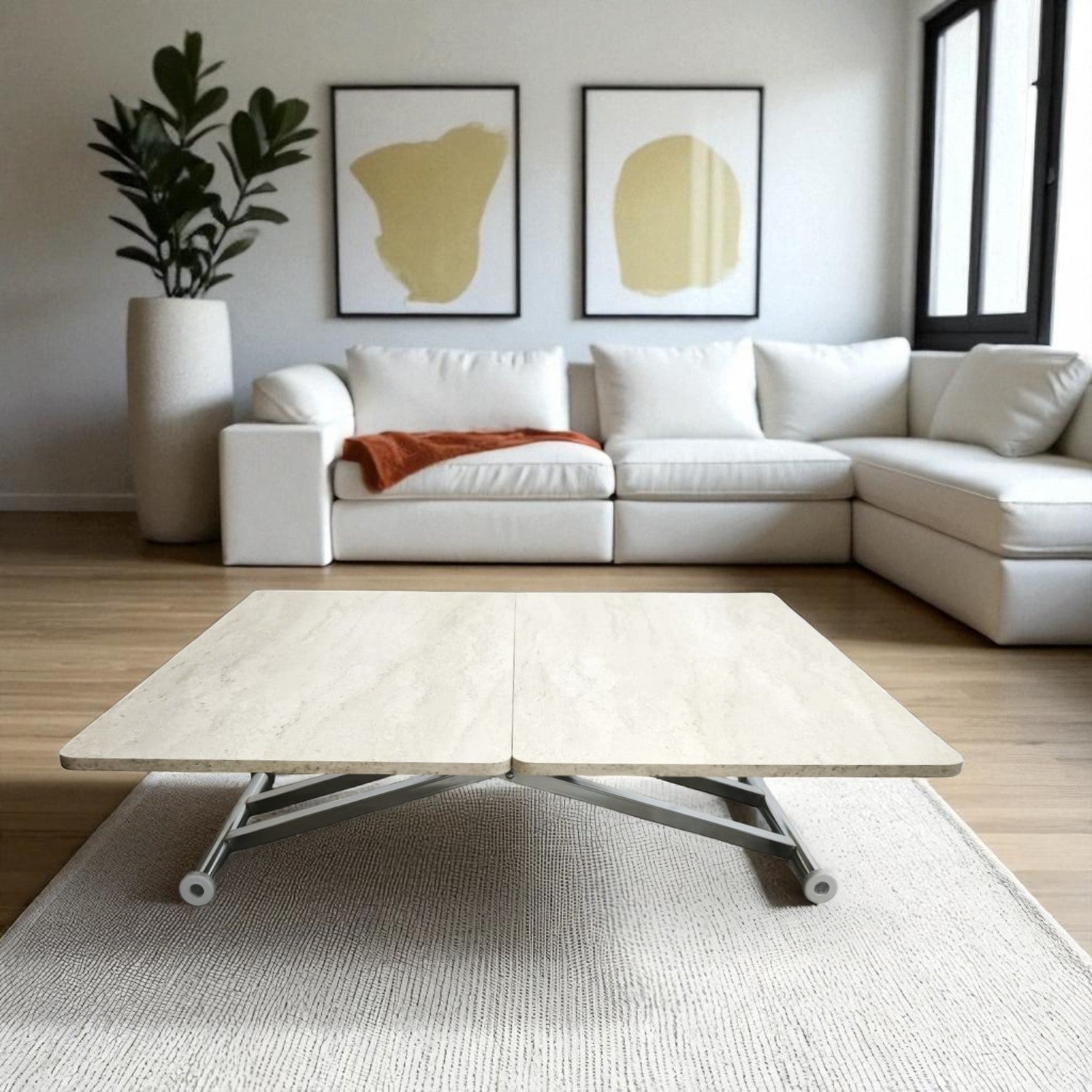 Home Smart Coffee Table – Travertine MDF Top & Chrome Plated Metal Legs