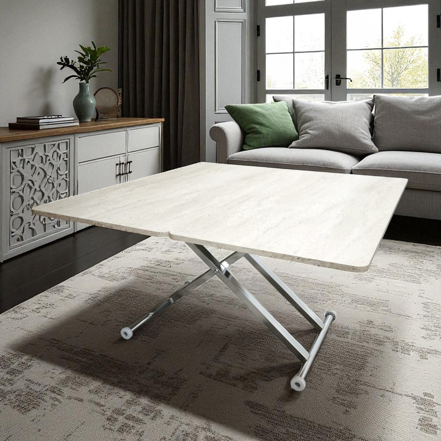 Home Smart Coffee Table – Travertine MDF Top & Chrome Plated Metal Legs