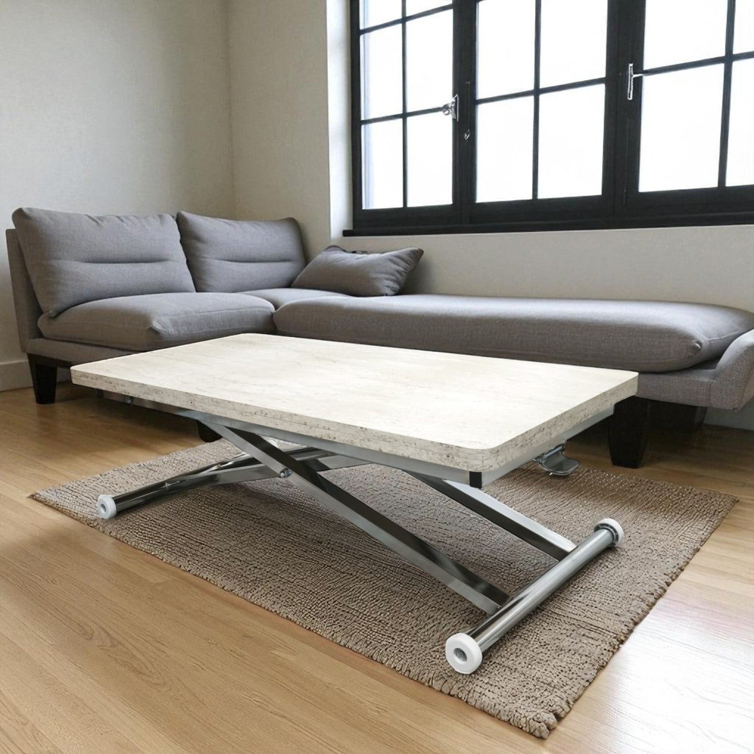 Home Smart Coffee Table – Travertine MDF Top & Chrome Plated Metal Legs