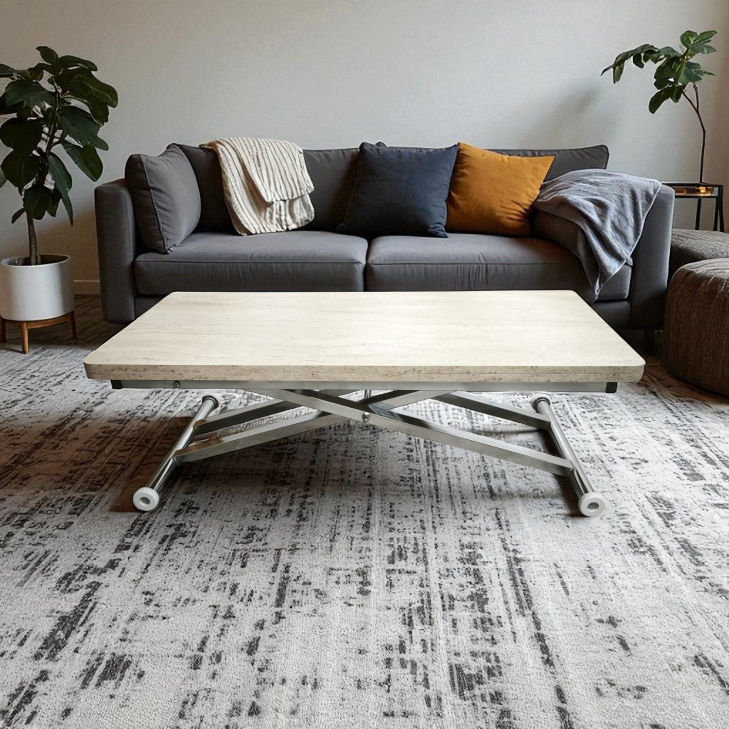 Home Smart Coffee Table – Travertine MDF Top & Chrome Plated Metal Legs
