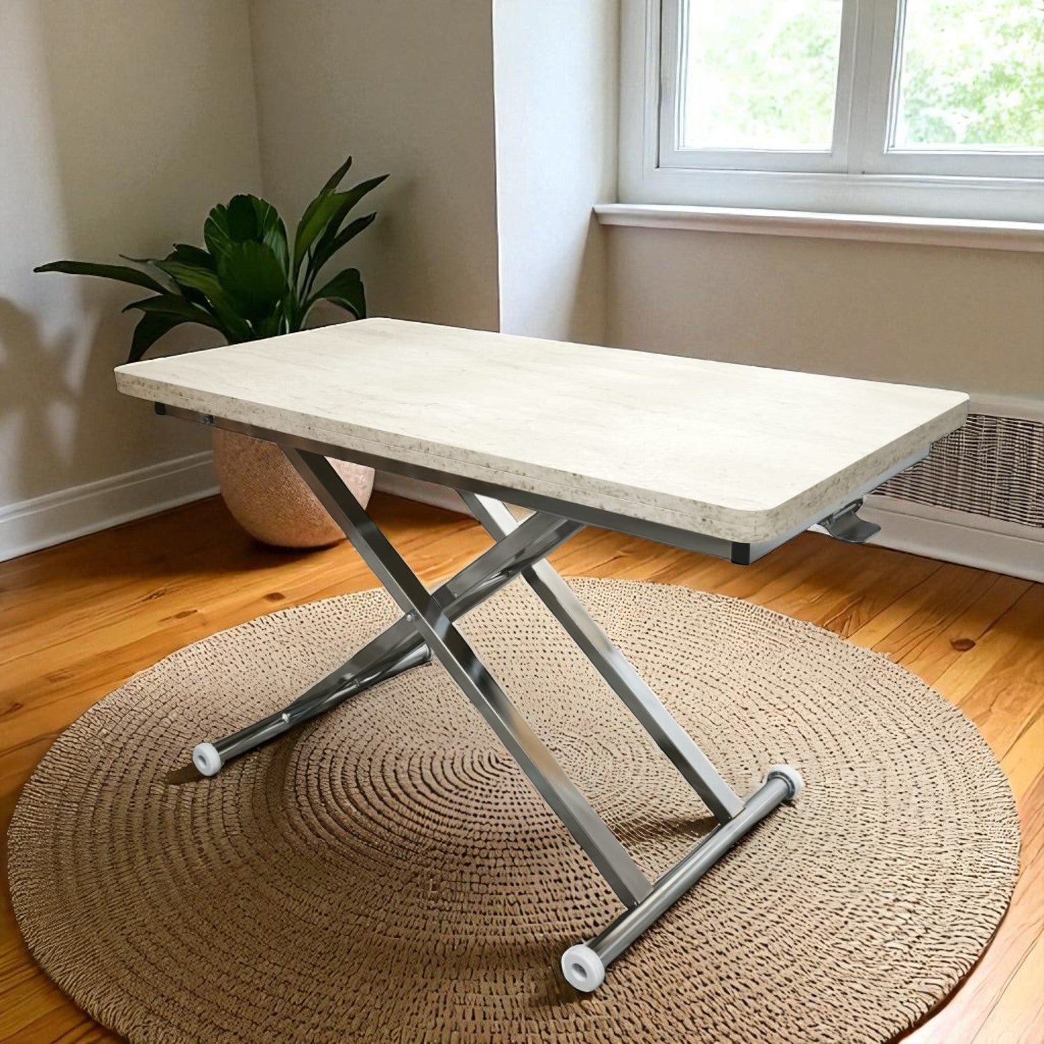 Home Smart Coffee Table – Travertine MDF Top & Chrome Plated Metal Legs