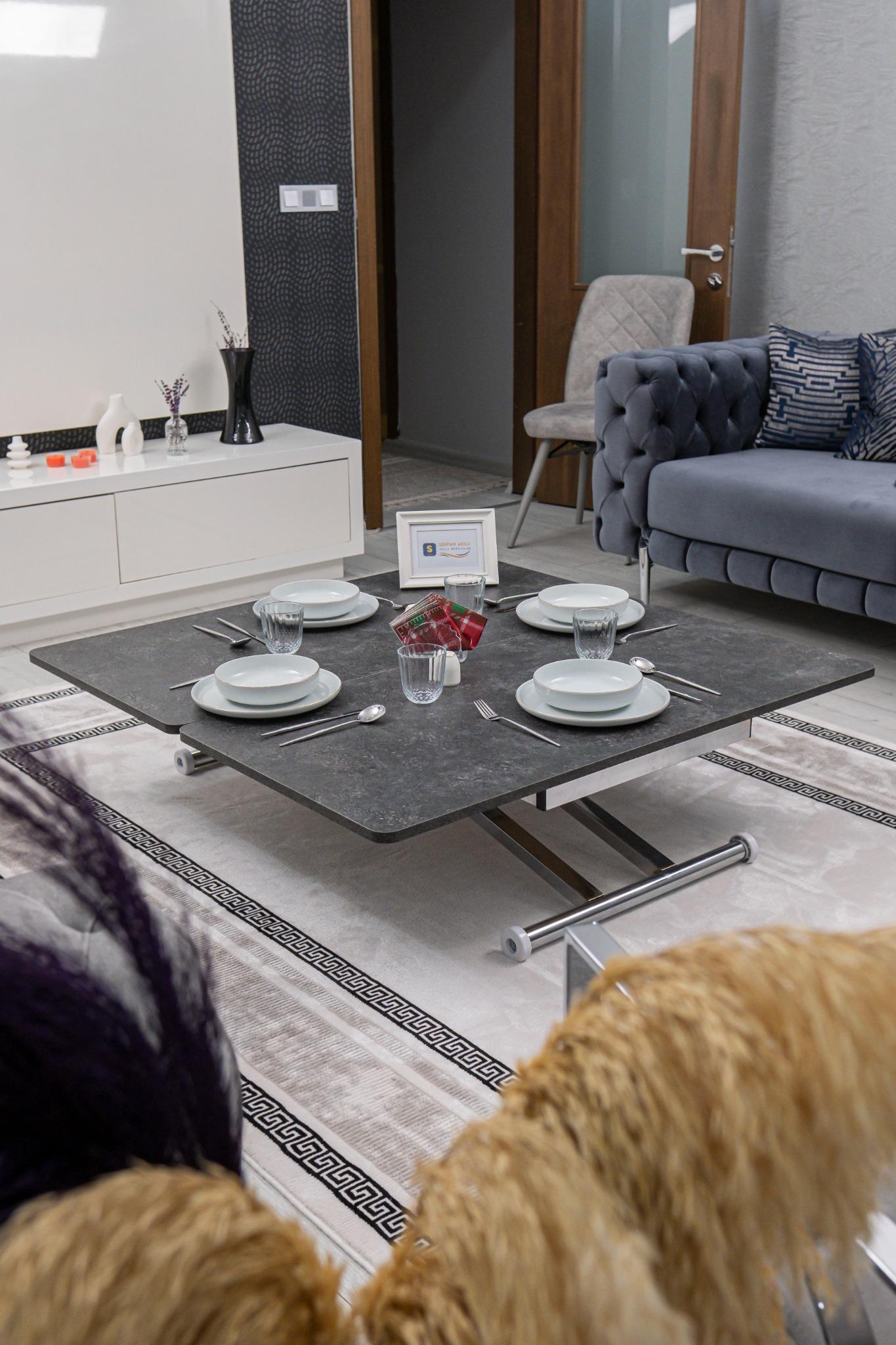 Home Smart Coffee Table – Grooved Anthracite MDF Top & Chrome Plated Metal Legs
