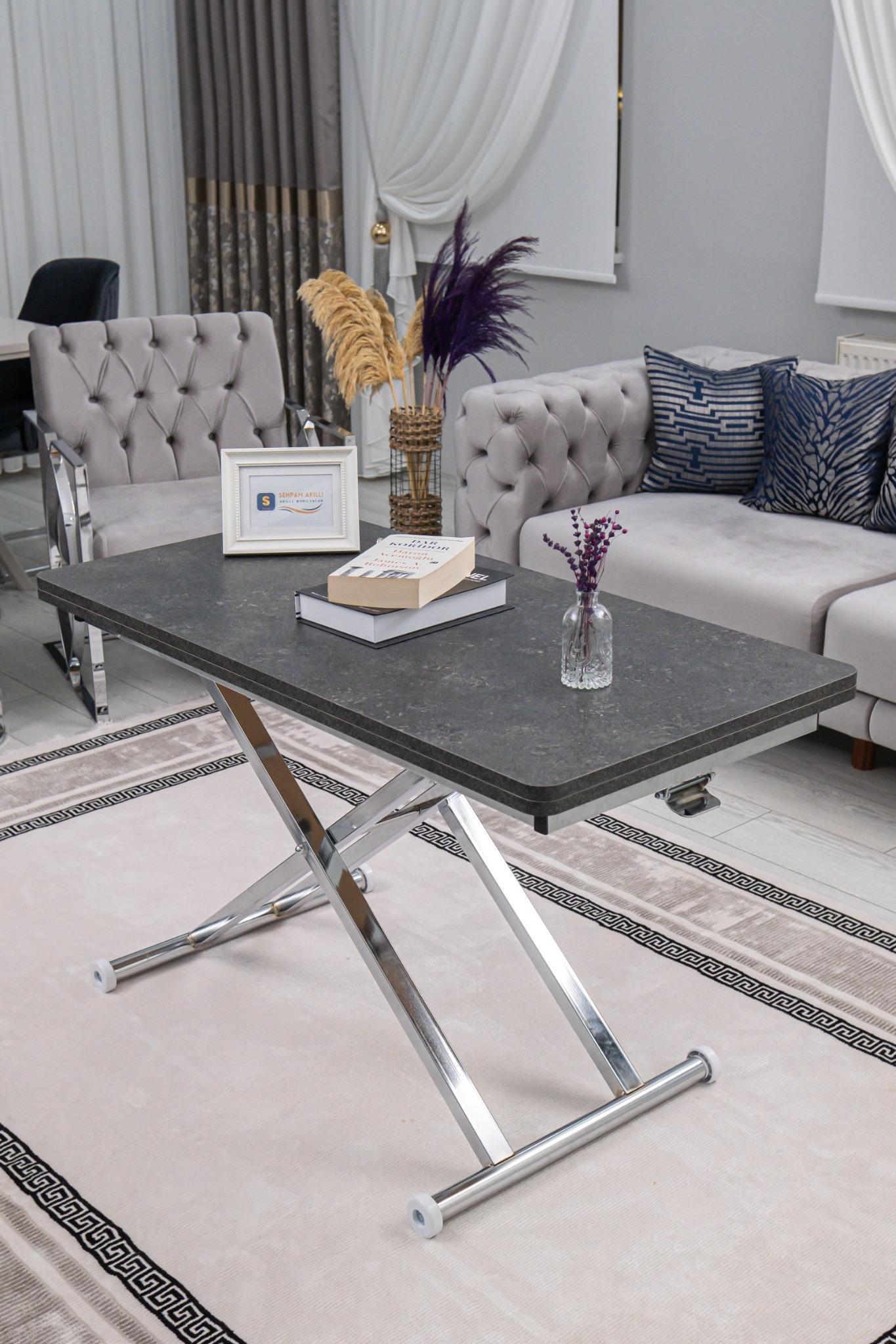 Home Smart Coffee Table – Grooved Anthracite MDF Top & Chrome Plated Metal Legs