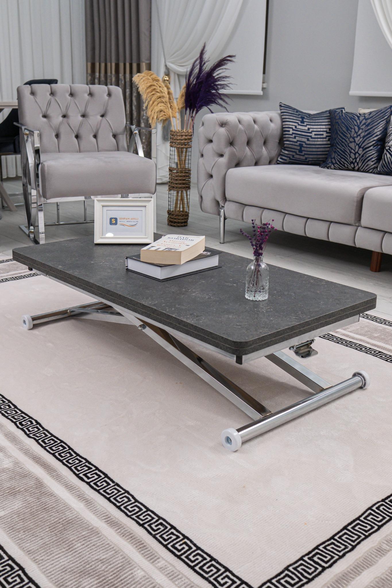 Home Smart Coffee Table – Grooved Anthracite MDF Top & Chrome Plated Metal Legs