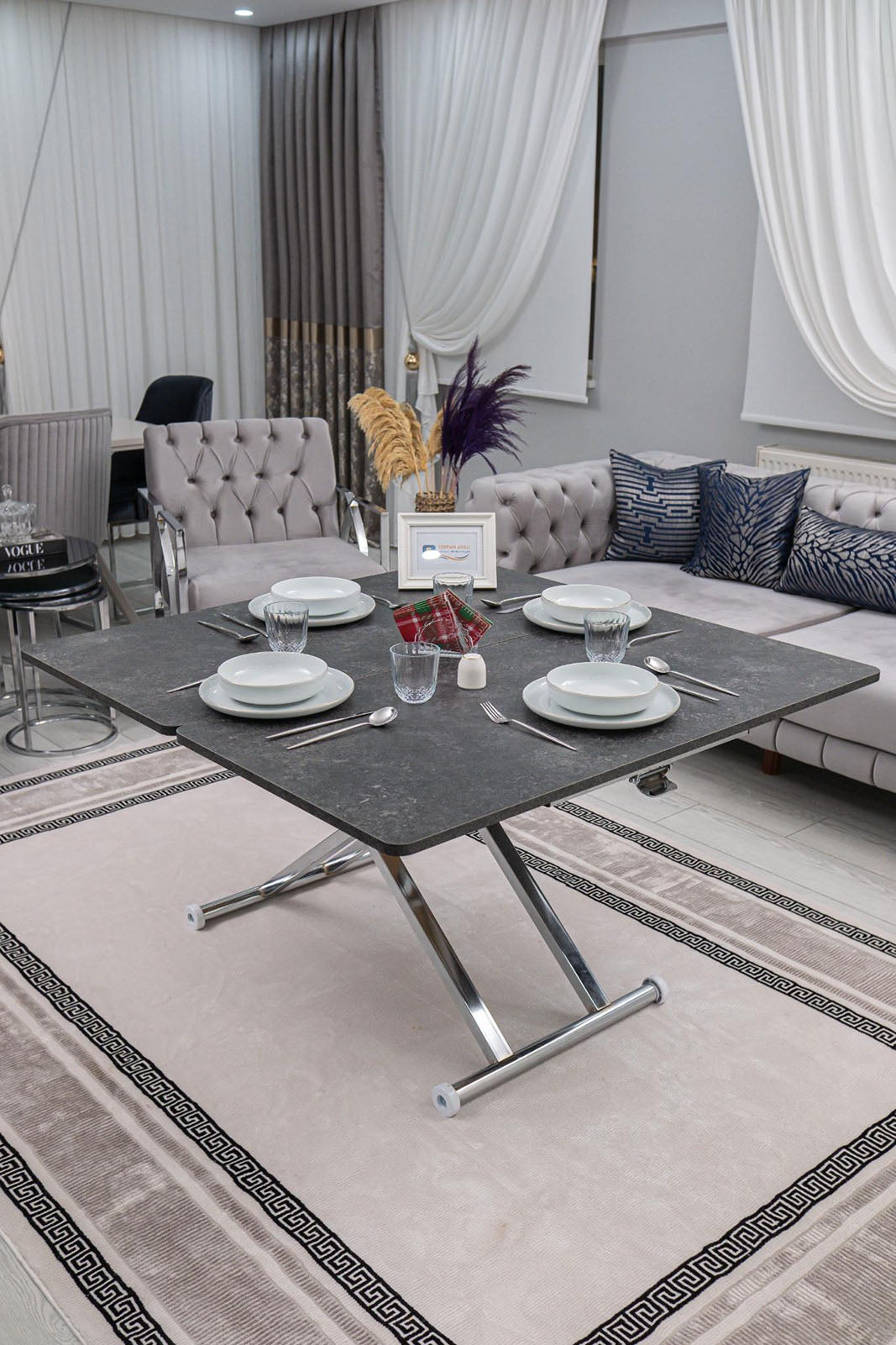 Home Smart Coffee Table – Grooved Anthracite MDF Top & Chrome Plated Metal Legs