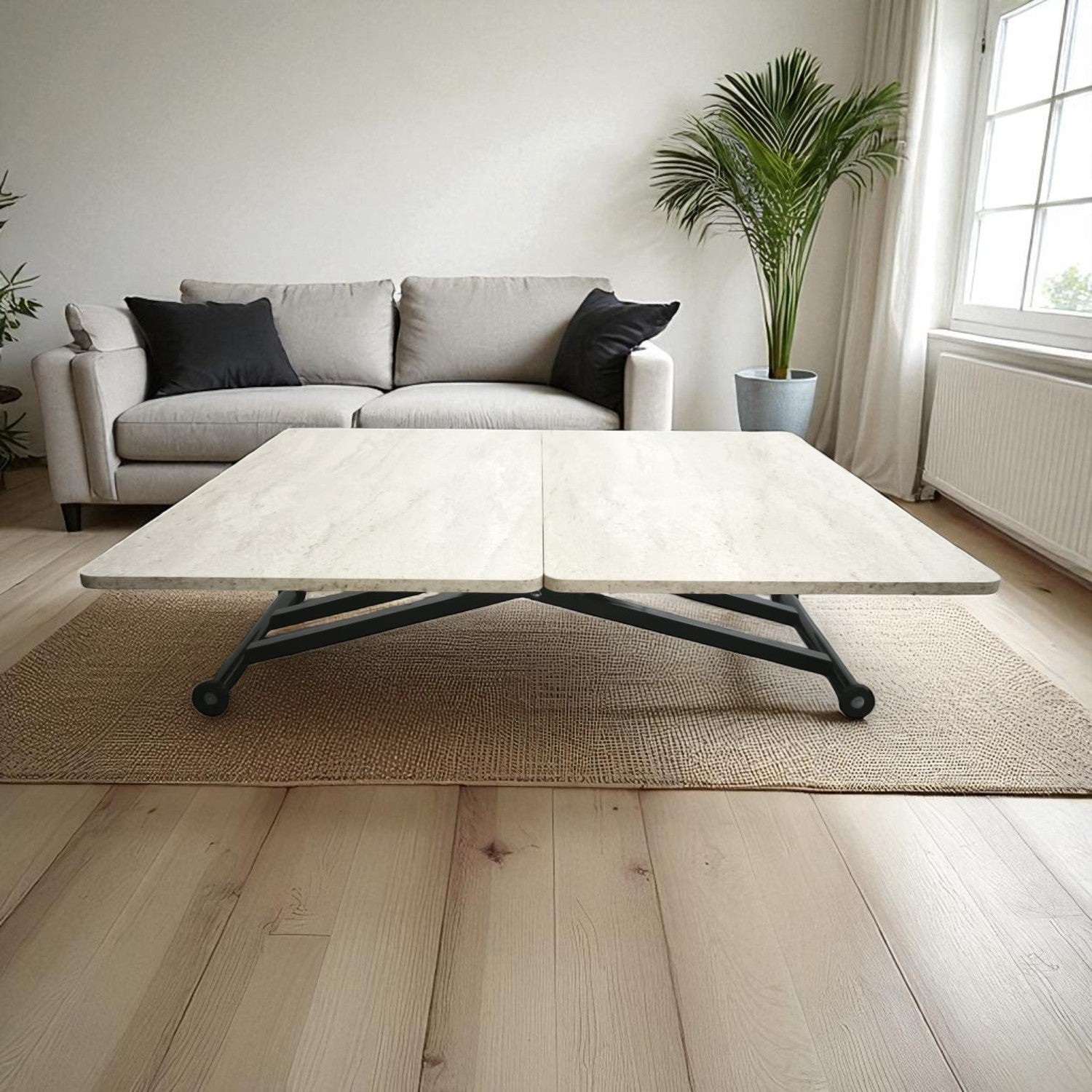 Home Smart Coffee Table – Travertine MDF Top & Black Metal Legs