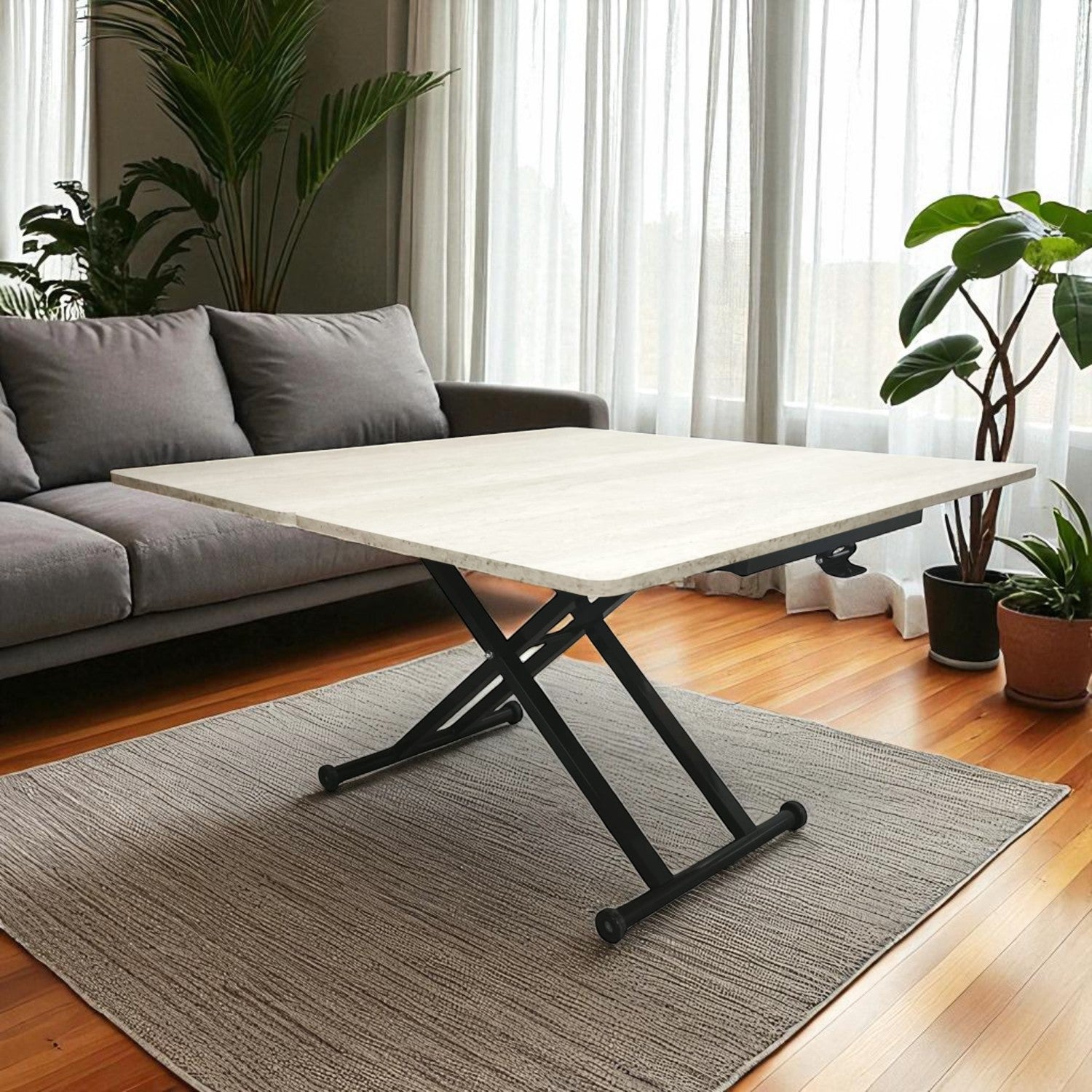 Home Smart Coffee Table – Travertine MDF Top & Black Metal Legs