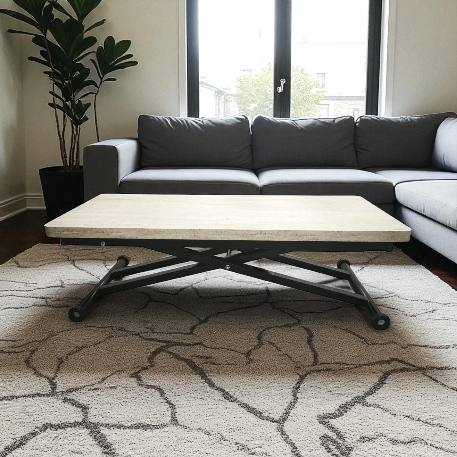 Home Smart Coffee Table – Travertine MDF Top & Black Metal Legs