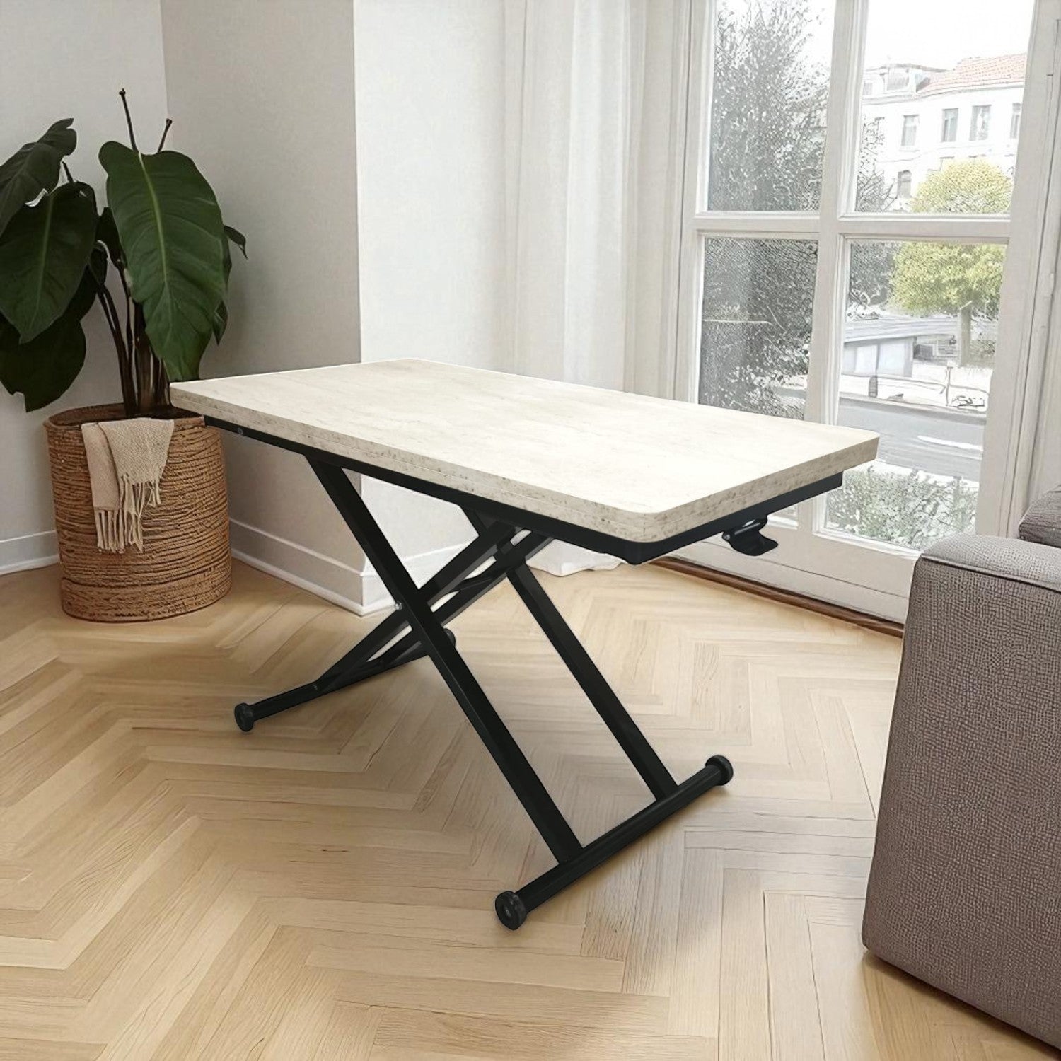 Home Smart Coffee Table – Travertine MDF Top & Black Metal Legs