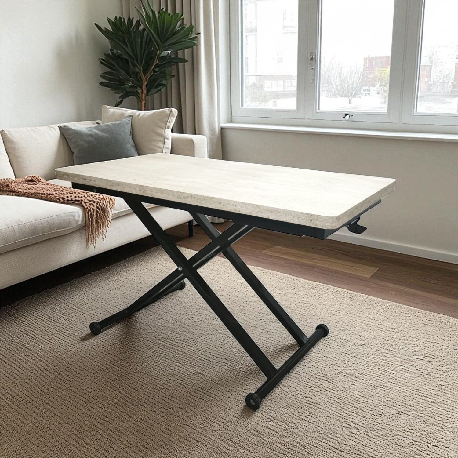 Home Smart Coffee Table – Travertine MDF Top & Black Metal Legs