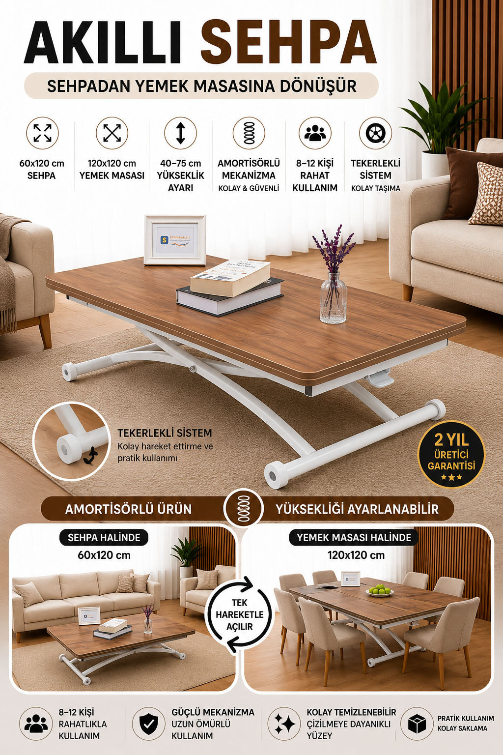 Juppo Smart Coffee Table – Walnut MDF Top & White Outward-Curving Metal Leg