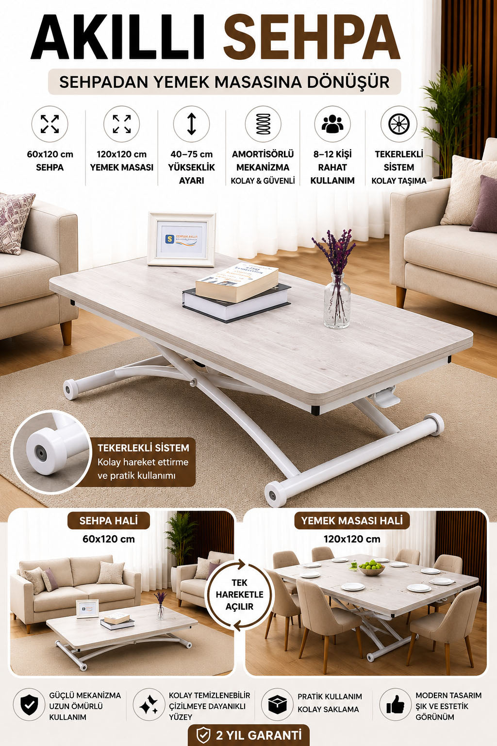 Juppo Smart Coffee Table – Lisbon MDF Top & White Outward-Curving Metal Leg