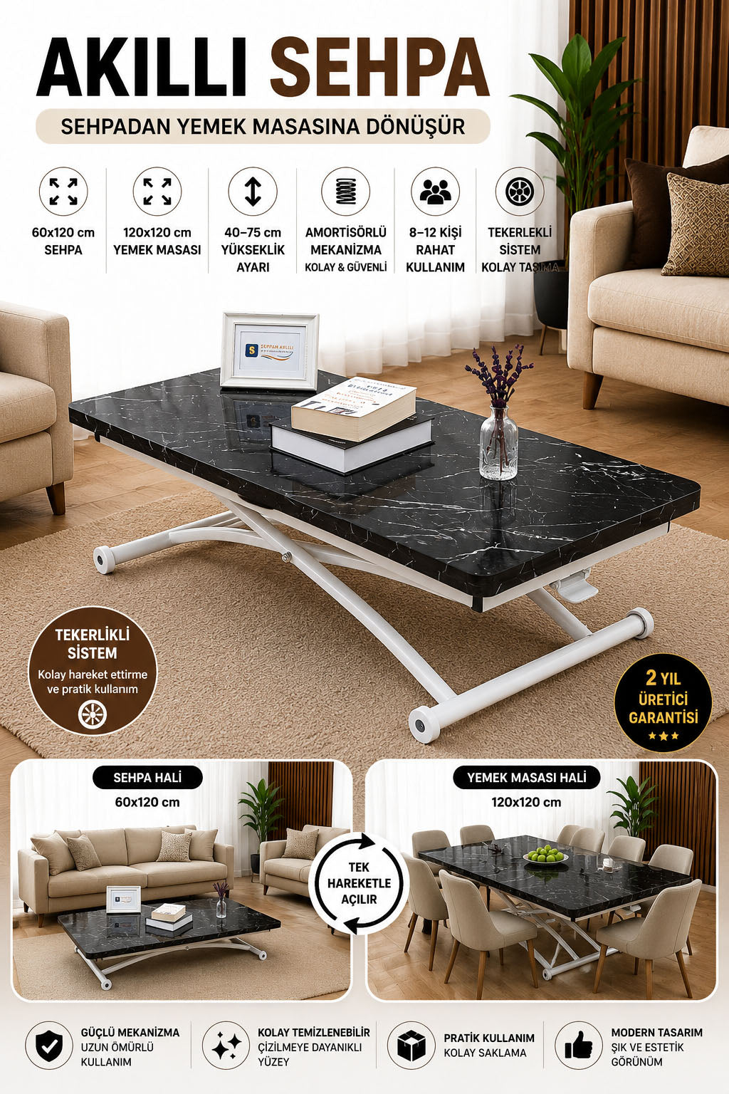Juppo Smart Coffee Table - Black Marble MDF Top & White Outward Curved Metal Leg