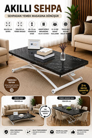 Juppo Smart Coffee Table - Black Marble MDF Top & White Outward Curved Metal Leg