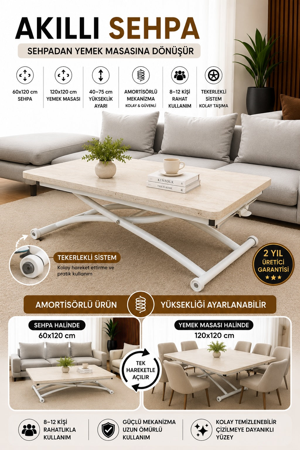 Juppo Smart Coffee Table – Travertine MDF Top & White Outwardly Curved Metal Legs