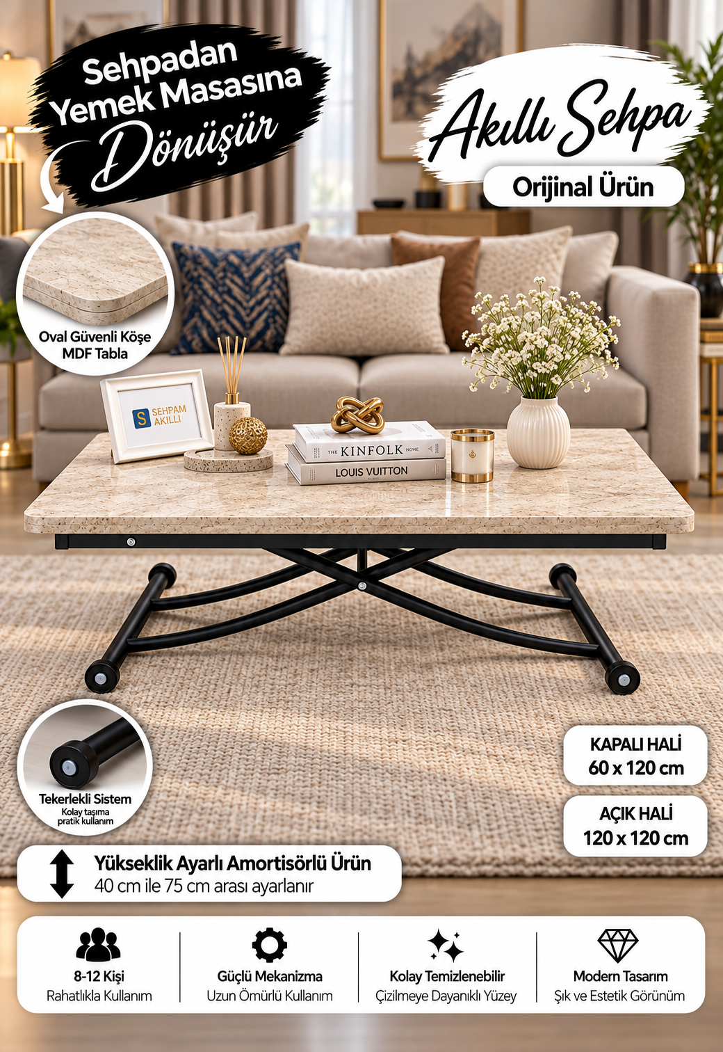 Juppo Smart Coffee Table – Travertine MDF Top & Black Metal Legs