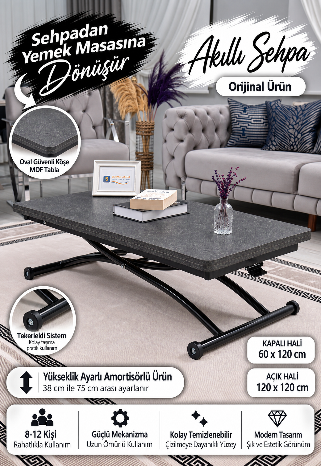 Juppo Smart Coffee Table – Grooved Anthracite MDF Top & Black Outward-Curving Metal Legs