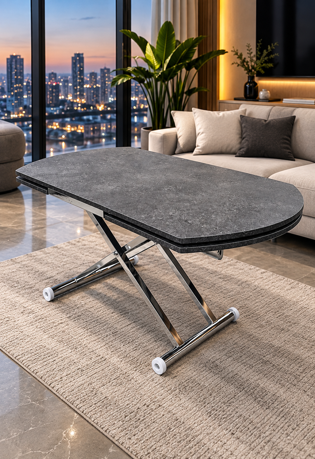 Oval Side Opening Smart Table | Milled Anthracite & Chrome