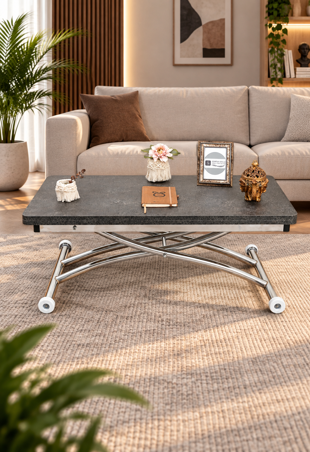 Mini Juppo Smart Coffee Table – Milled Anthracite MDF Top & Chrome-Plated Outward-Curved Leg