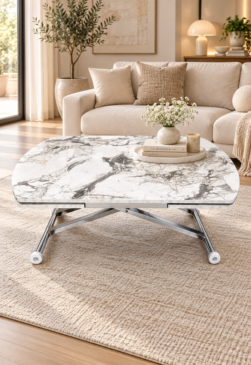 Oval Side-Opening Smart Table | White Marble & Chrome