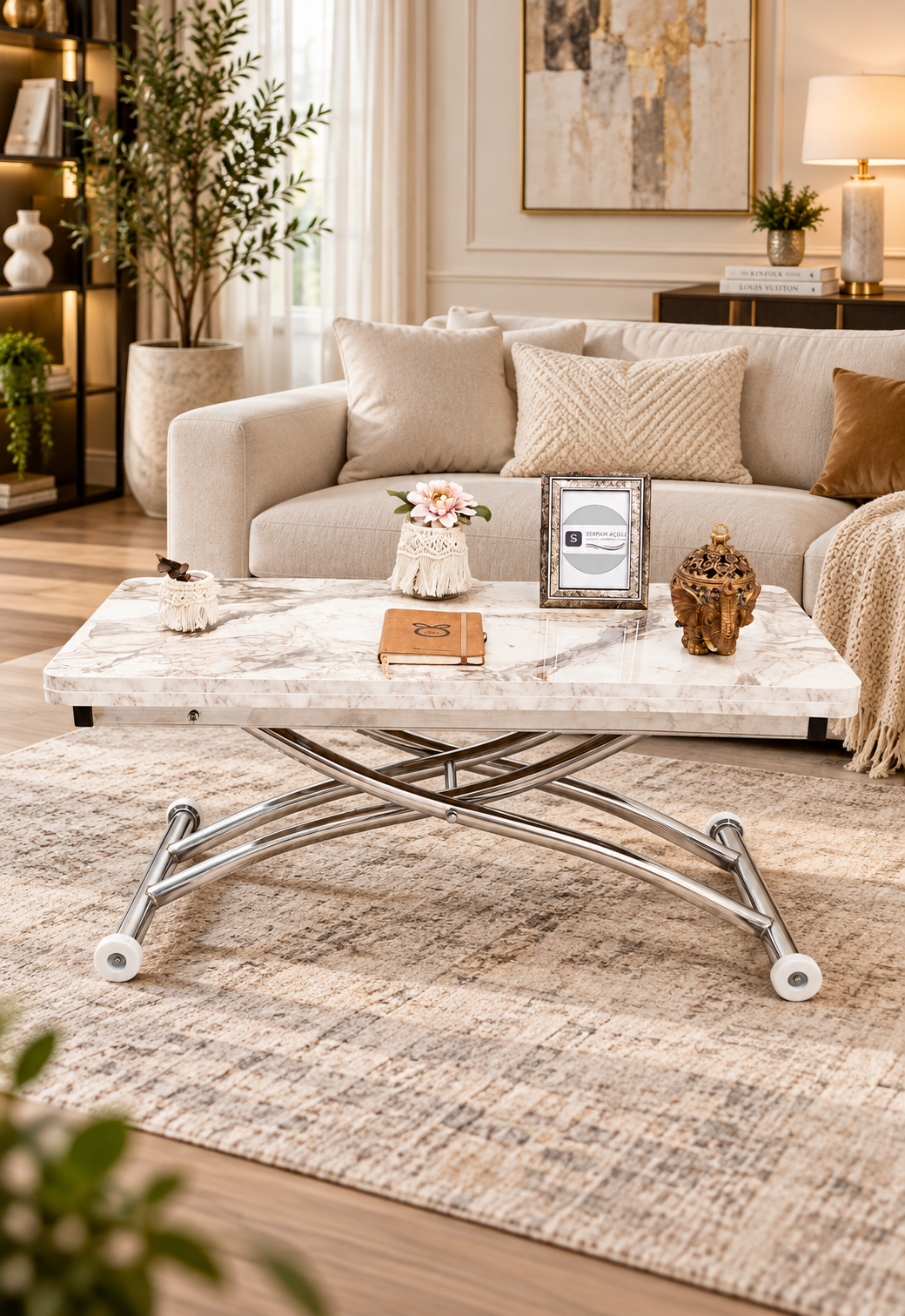 Mini Juppo Smart Coffee Table – White Marble MDF Top & Chrome-Plated Outwardly Curved Leg