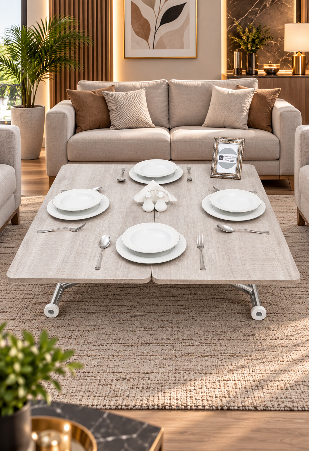 Mini Juppo Smart Coffee Table – Lisbon MDF Top & Chrome Outward Curved Metal Leg