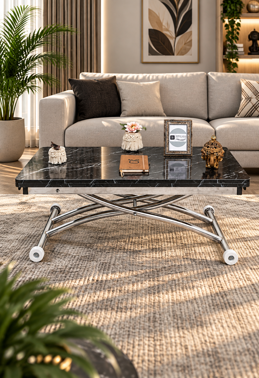 Mini Juppo Smart Coffee Table – Black Marble MDF Top & Chrome Outward Curled Metal Legs