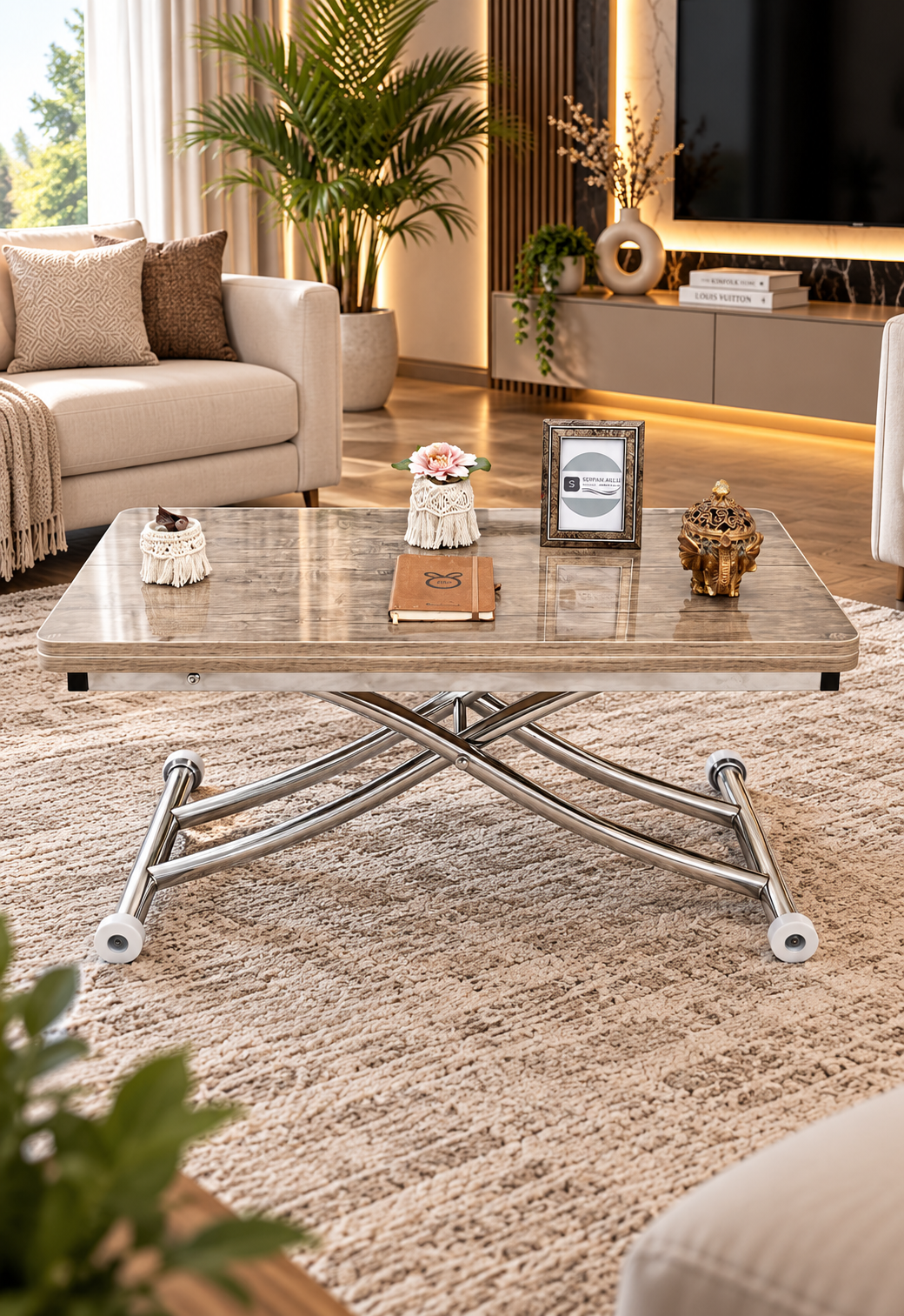 Mini Juppo Smart Coffee Table - Antiquelite MDF Top & Chrome-Plated Metal Legs