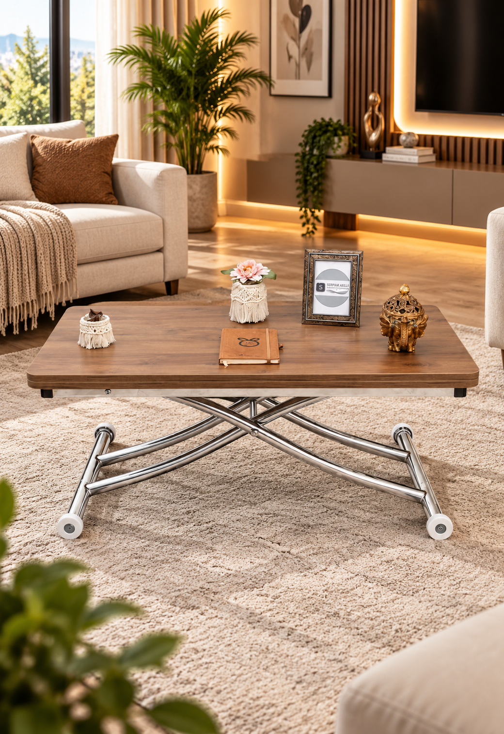 Mini Juppo Smart Coffee Table – Walnut MDF Top & Chrome Plated Metal Legs