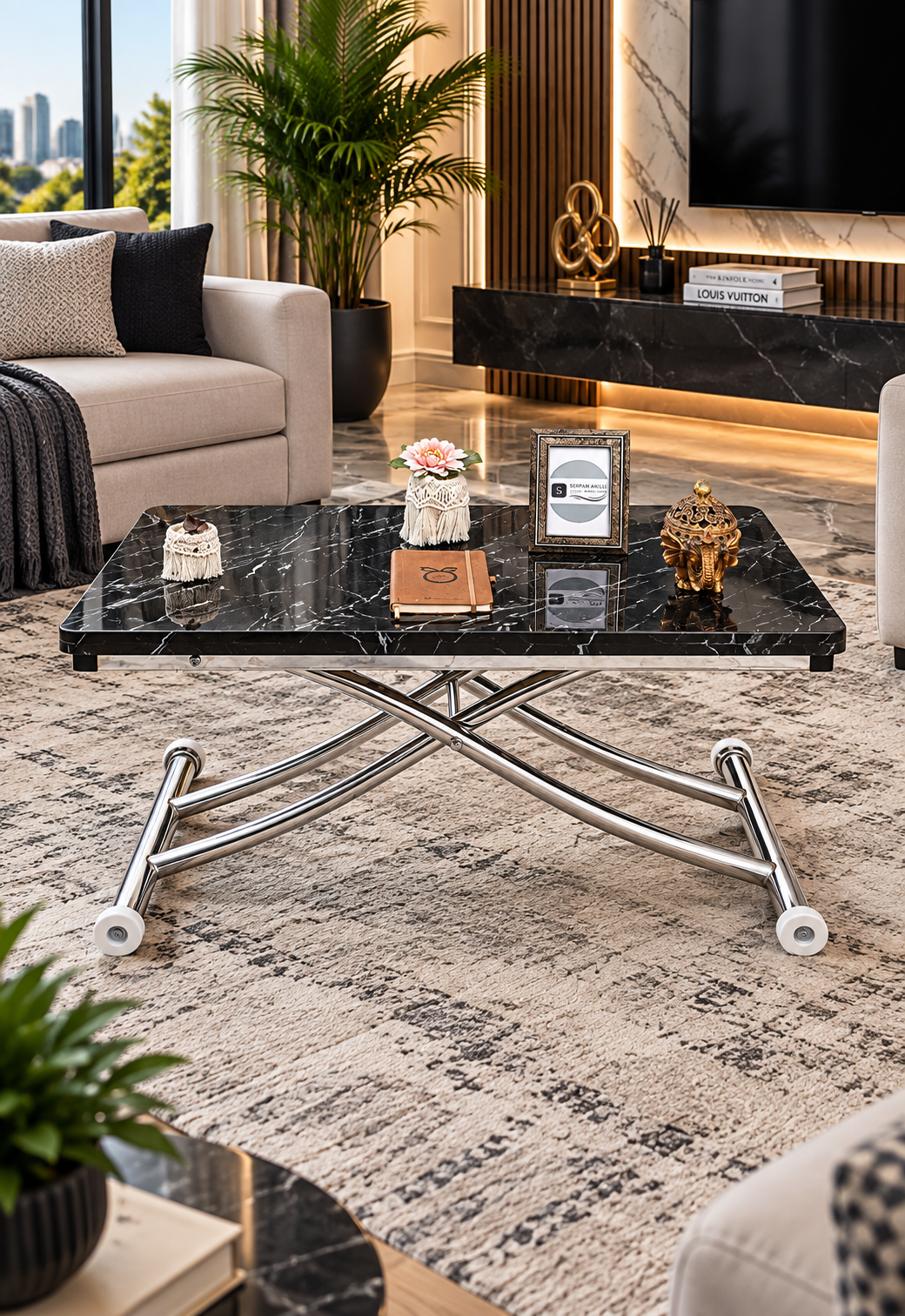 Mini Juppo Smart Side Table – Black Marble MDF Top & Chrome Plated Metal Legs