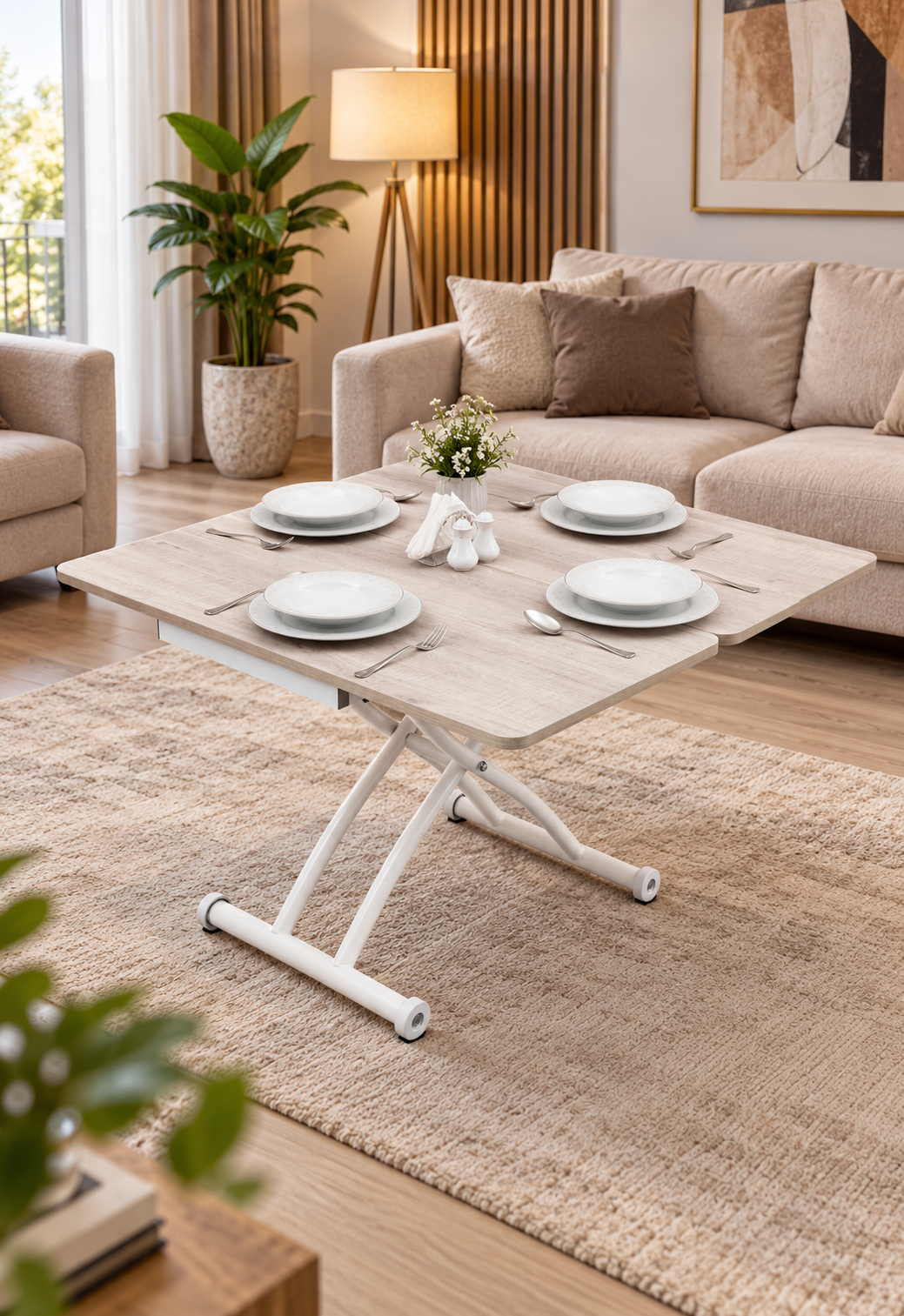 Mini Juppo Smart Coffee Table – Lisbon MDF Top & White Outward-Curved Metal Leg