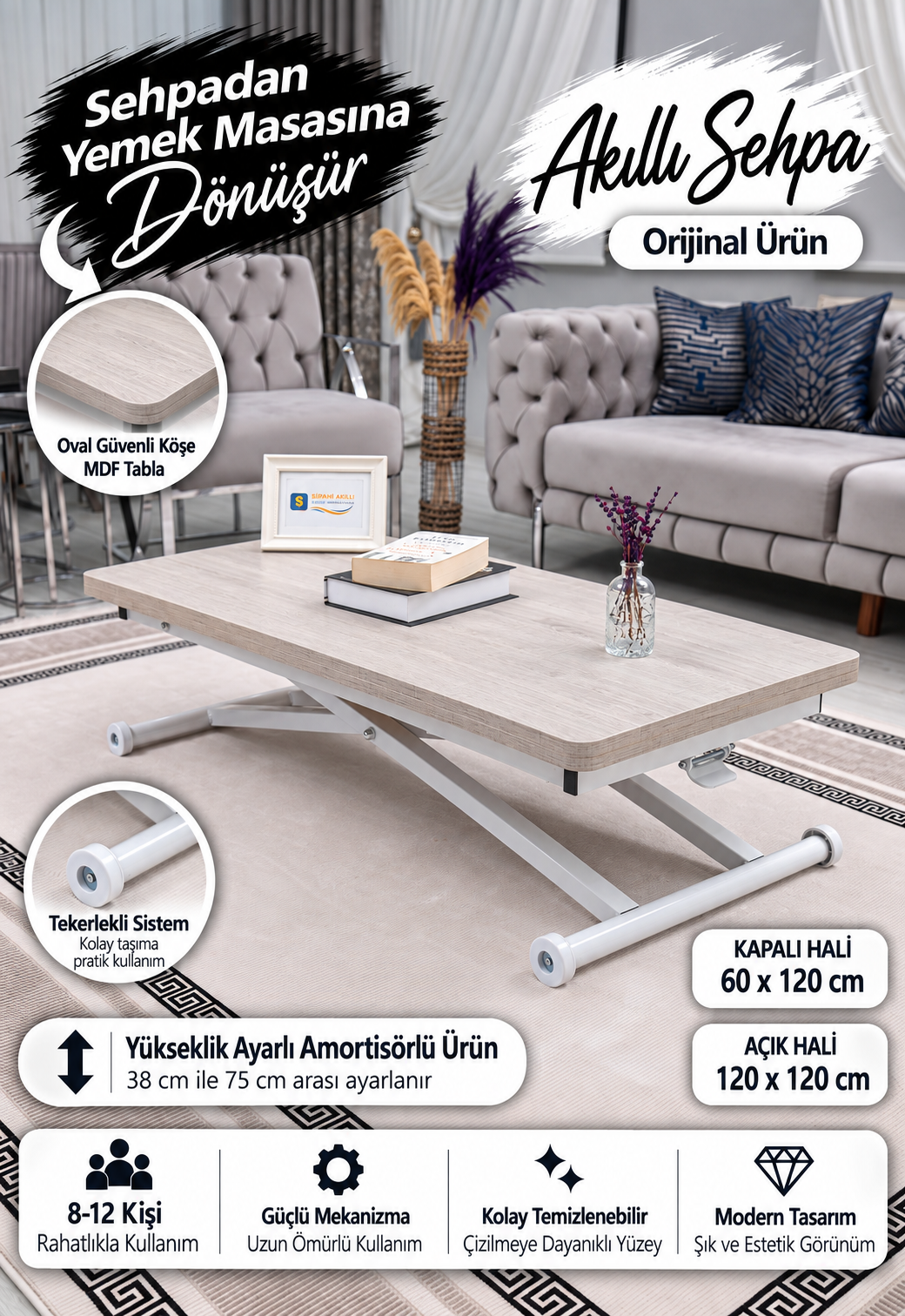 Home Smart Coffee Table – Lisbon MDF Top & White Metal Legs