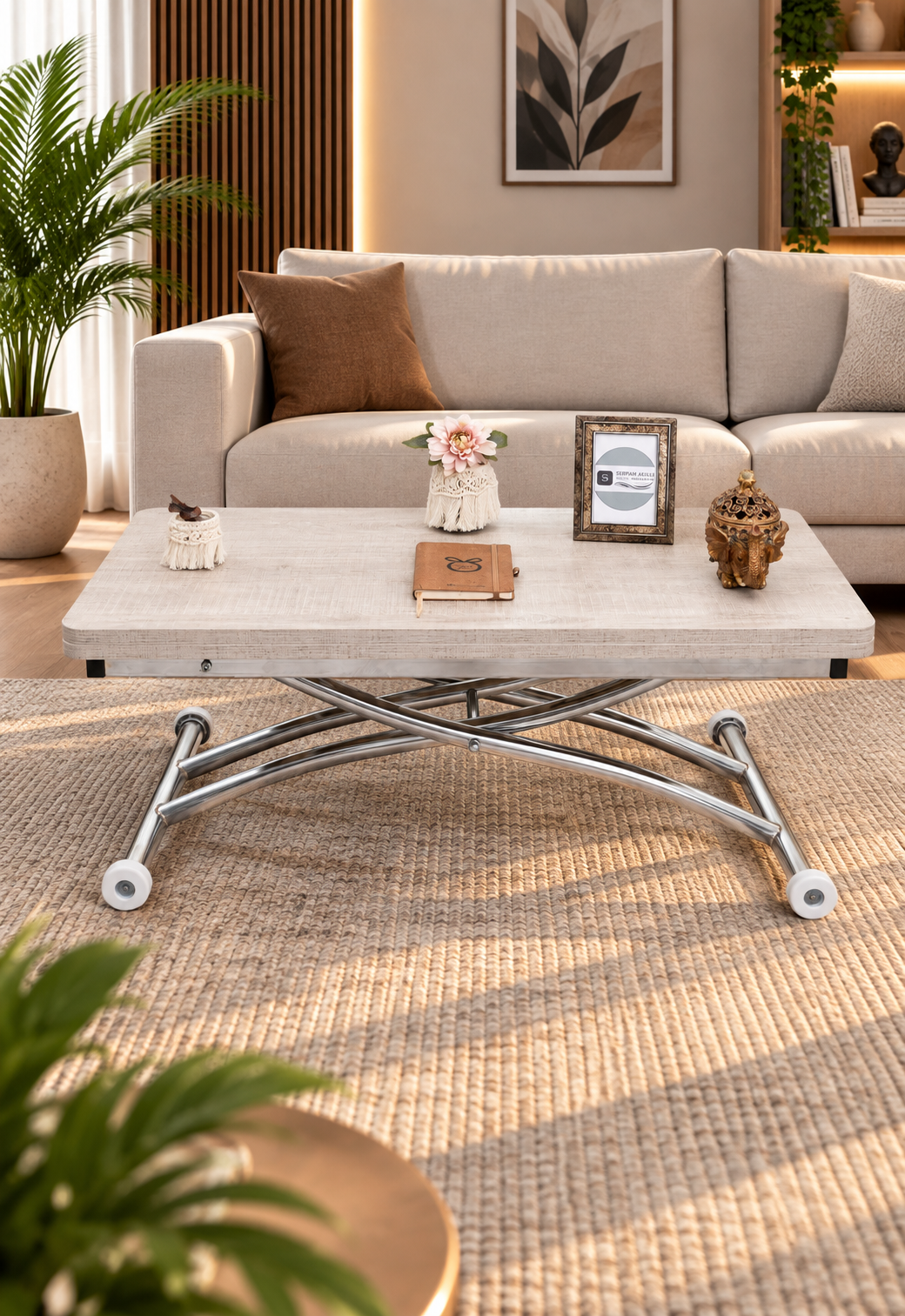 Mini Juppo Smart Coffee Table – Lisbon MDF Top & Chrome Outward Curved Metal Leg