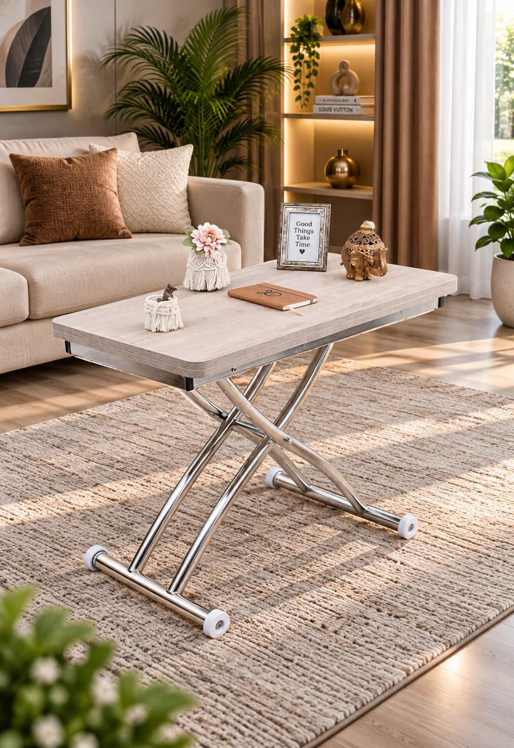 Mini Juppo Smart Coffee Table – Lisbon MDF Top & Chrome Outward Curved Metal Leg