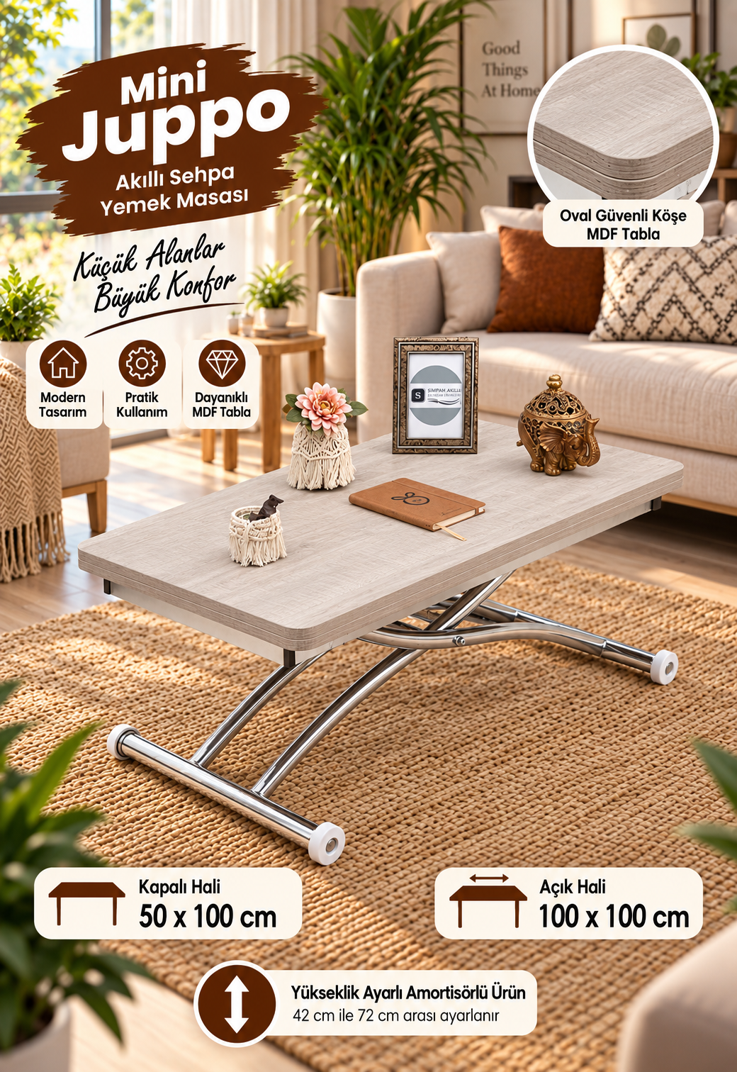 Mini Juppo Smart Coffee Table – Lisbon MDF Top & Chrome Outward Curved Metal Leg