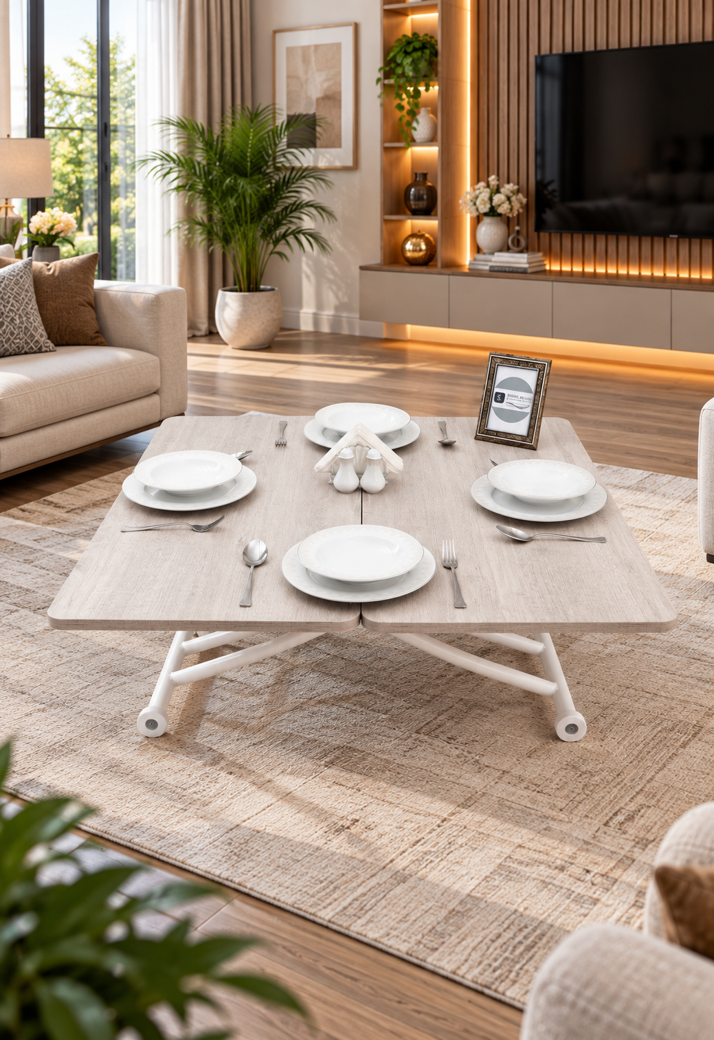 Mini Juppo Smart Coffee Table – Lisbon MDF Top & White Metal Leg
