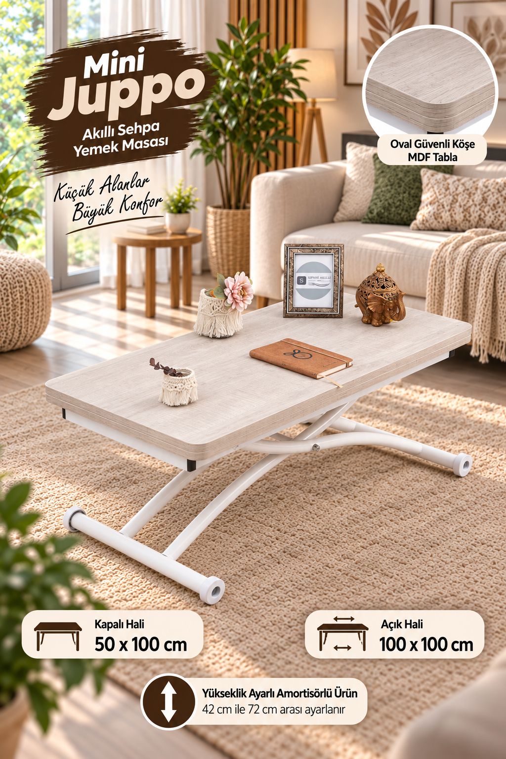 Mini Juppo Smart Coffee Table – Lisbon MDF Top & White Outward-Curved Metal Leg