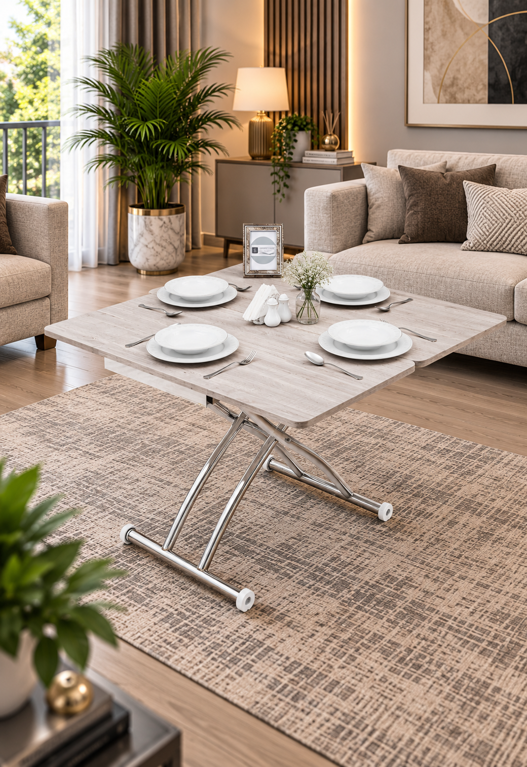Mini Juppo Smart Coffee Table – Lisbon MDF Top & Chrome Outward Curved Metal Leg