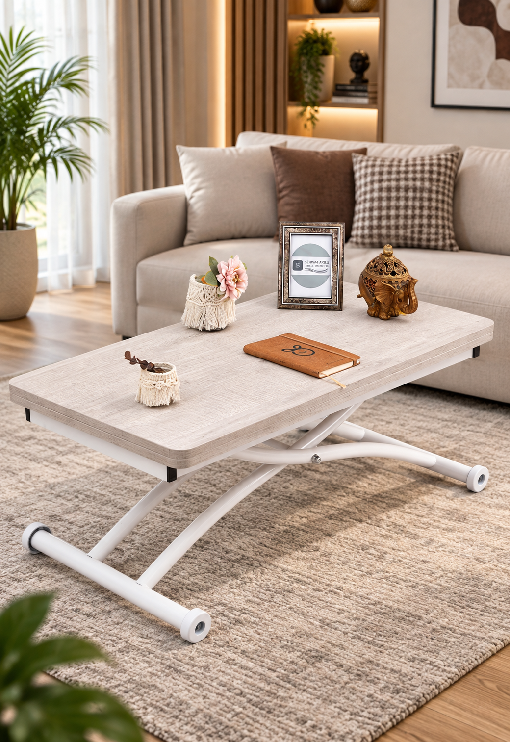 Mini Juppo Smart Coffee Table – Lisbon MDF Top & White Outward-Curved Metal Leg