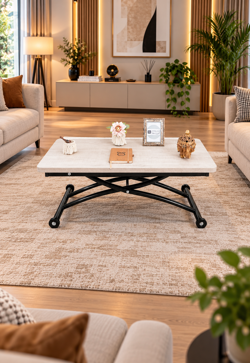 Mini Juppo Smart Coffee Table – Lisbon MDF Top & Black Outward Curved Metal Legs
