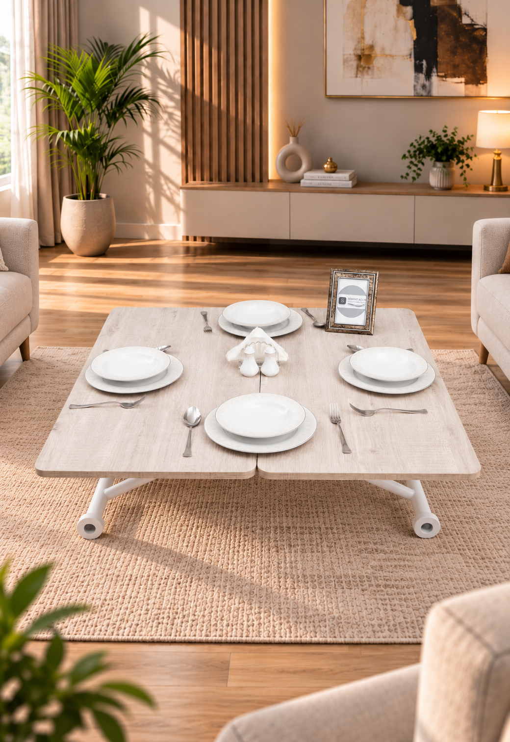 Mini Juppo Smart Coffee Table – Lisbon MDF Top & White Outward-Curved Metal Leg
