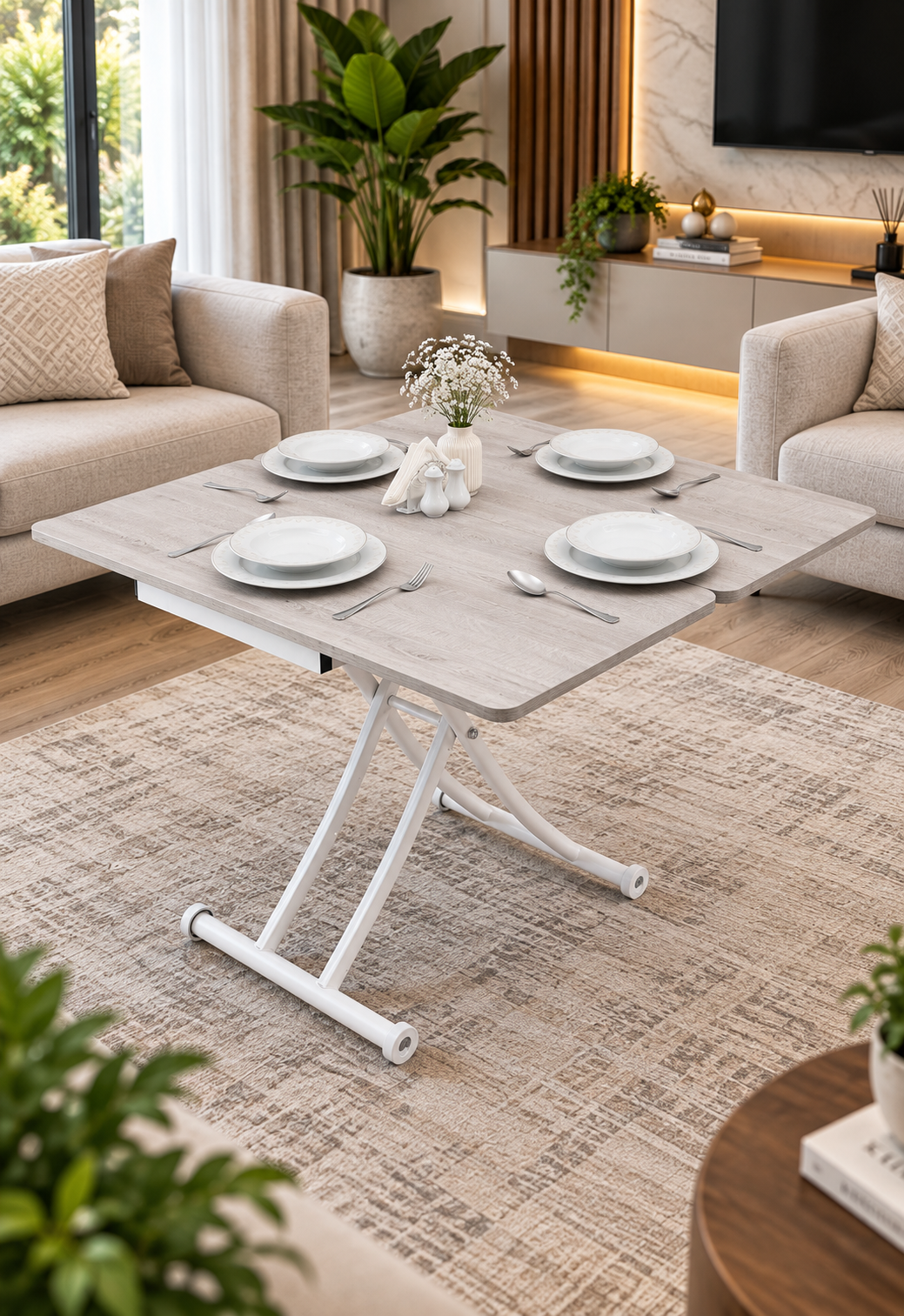Mini Juppo Smart Coffee Table – Lisbon MDF Top & White Metal Leg