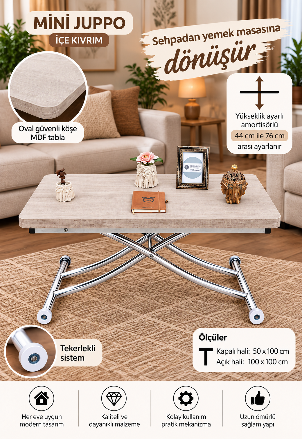 Mini Juppo Smart Coffee Table - Lisbon MDF Top & Chrome Plated Metal Leg
