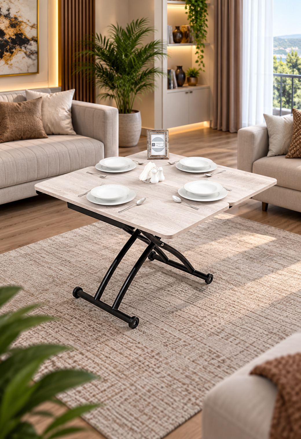 Mini Juppo Smart Coffee Table – Lisbon MDF Top & Black Outward Curved Metal Legs