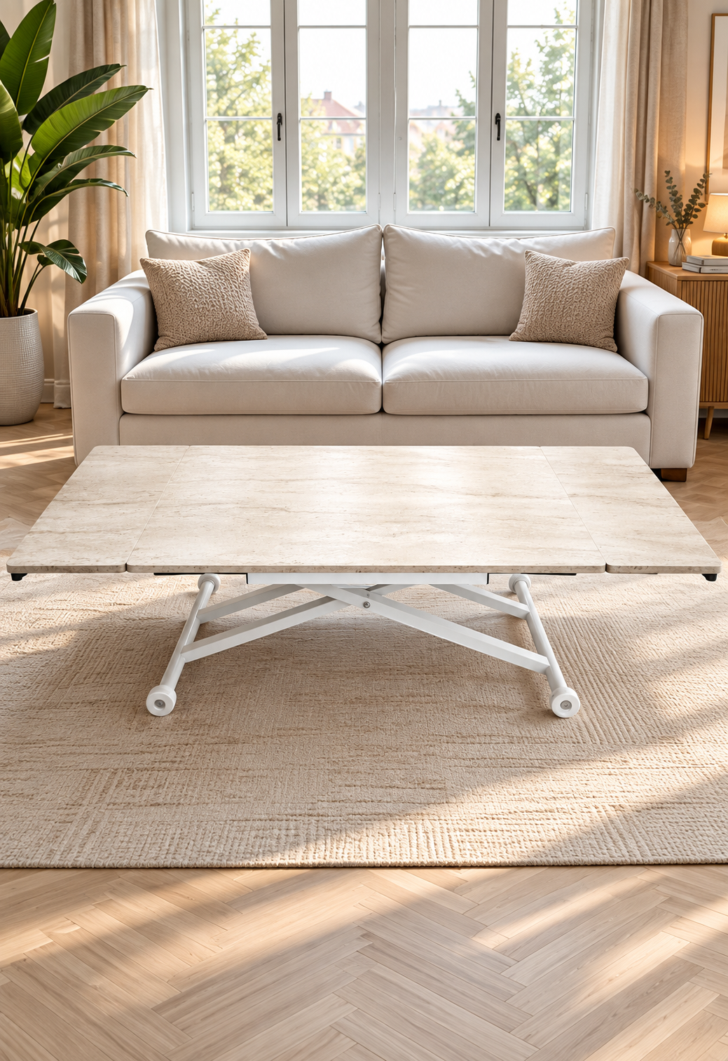 Side Open Smart Table | Travertine MDF Top & White Legs