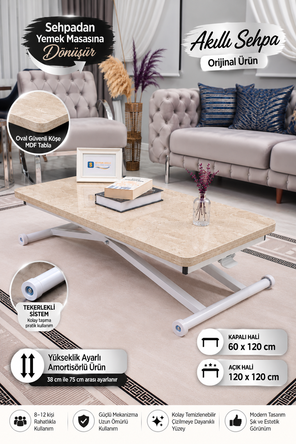 Home Akıllı Sehpa – Traverten MDF Üst & Beyaz Metal Ayak