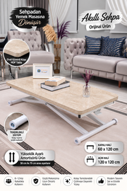 Home Akıllı Sehpa – Traverten MDF Üst & Beyaz Metal Ayak