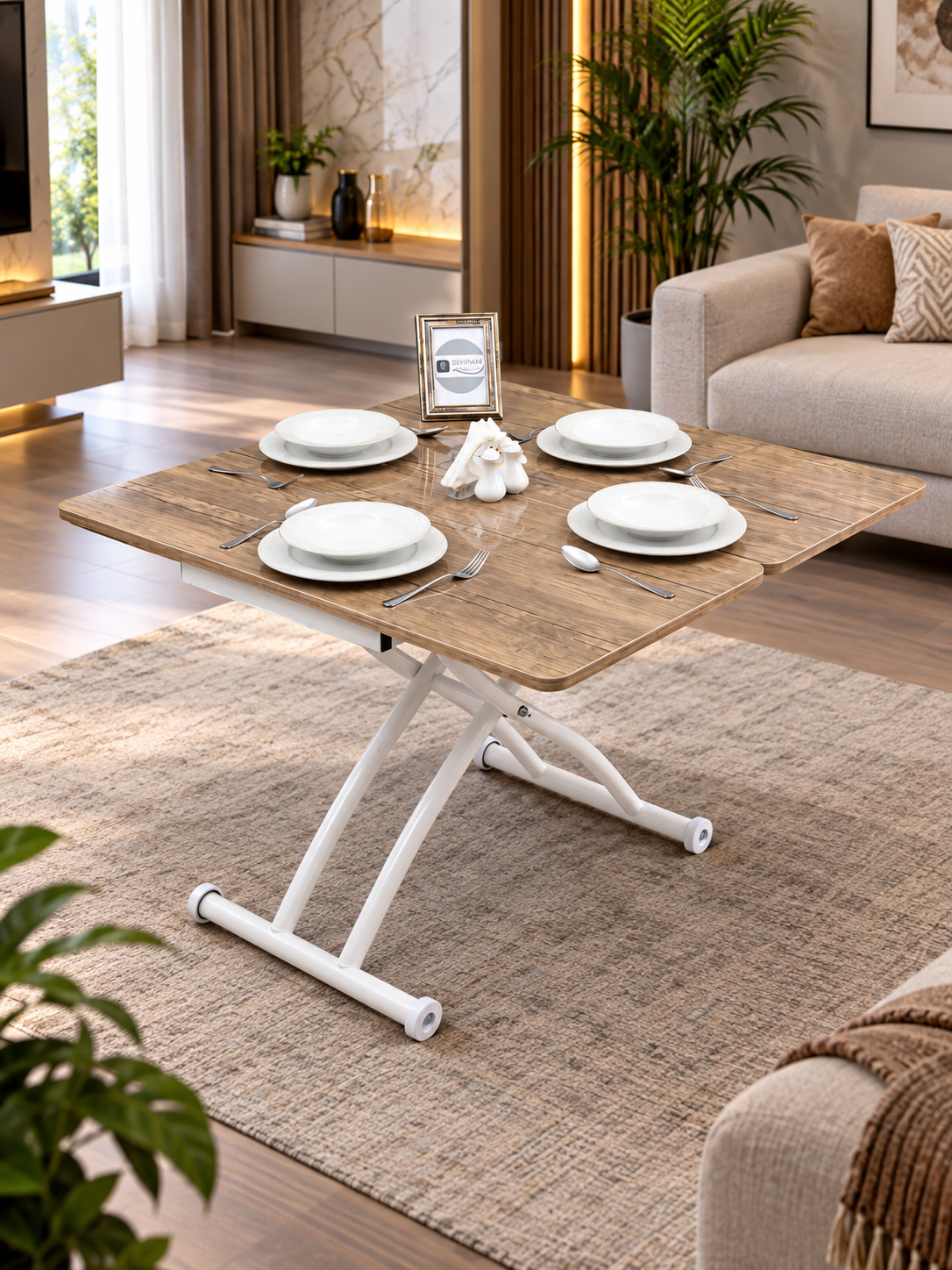 Mini Juppo Smart Coffee Table – Antique Light MDF Top & White Outwardly Curved Metal Legs
