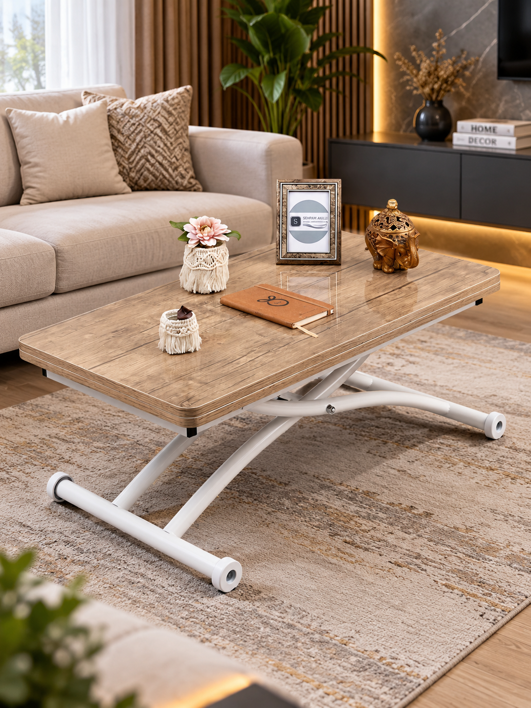 Mini Juppo Smart Coffee Table – Antique Light MDF Top & White Outwardly Curved Metal Legs