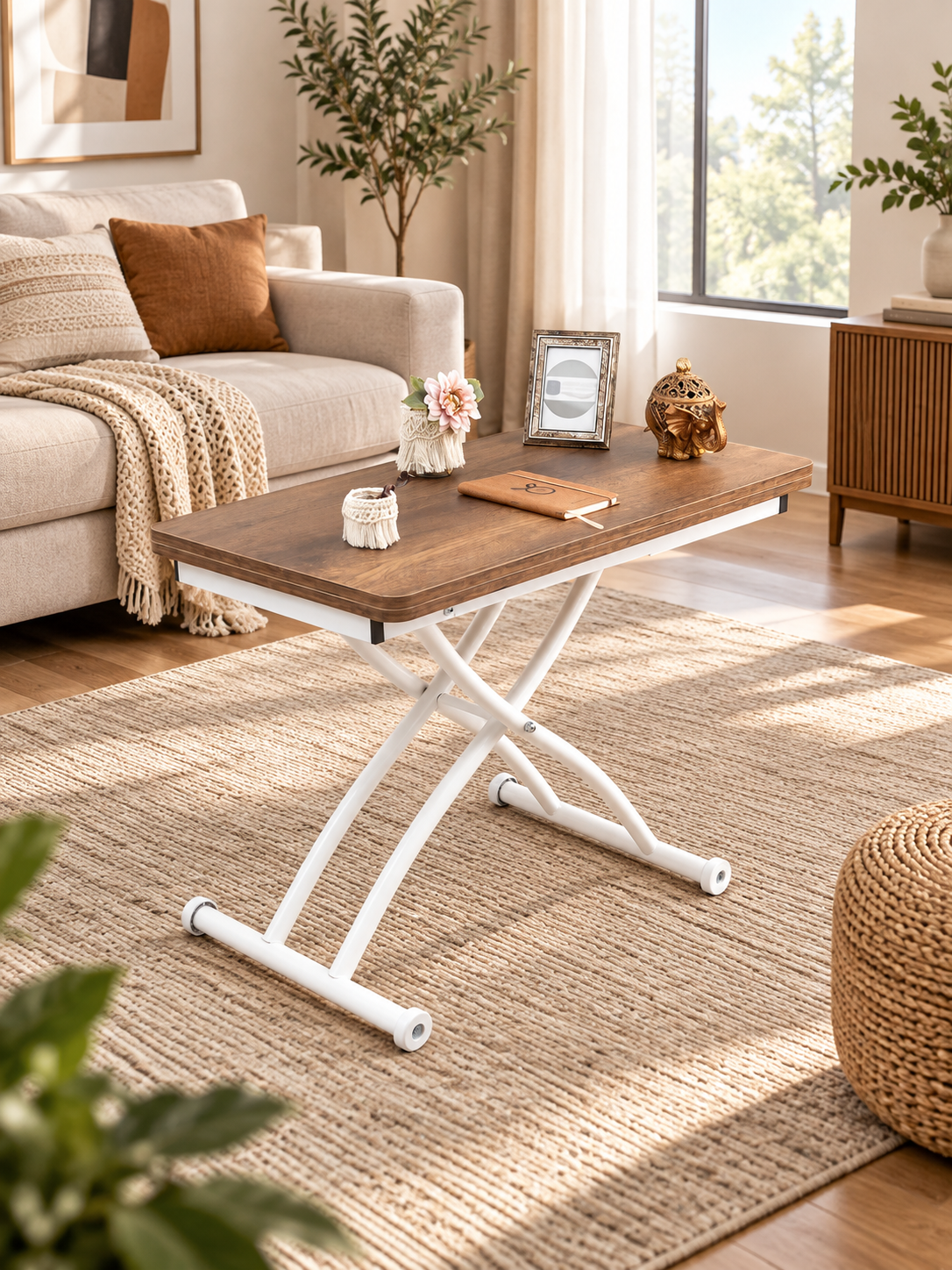 Mini Juppo Smart Coffee Table – White Marble MDF Top & White Outward Curved Metal Leg